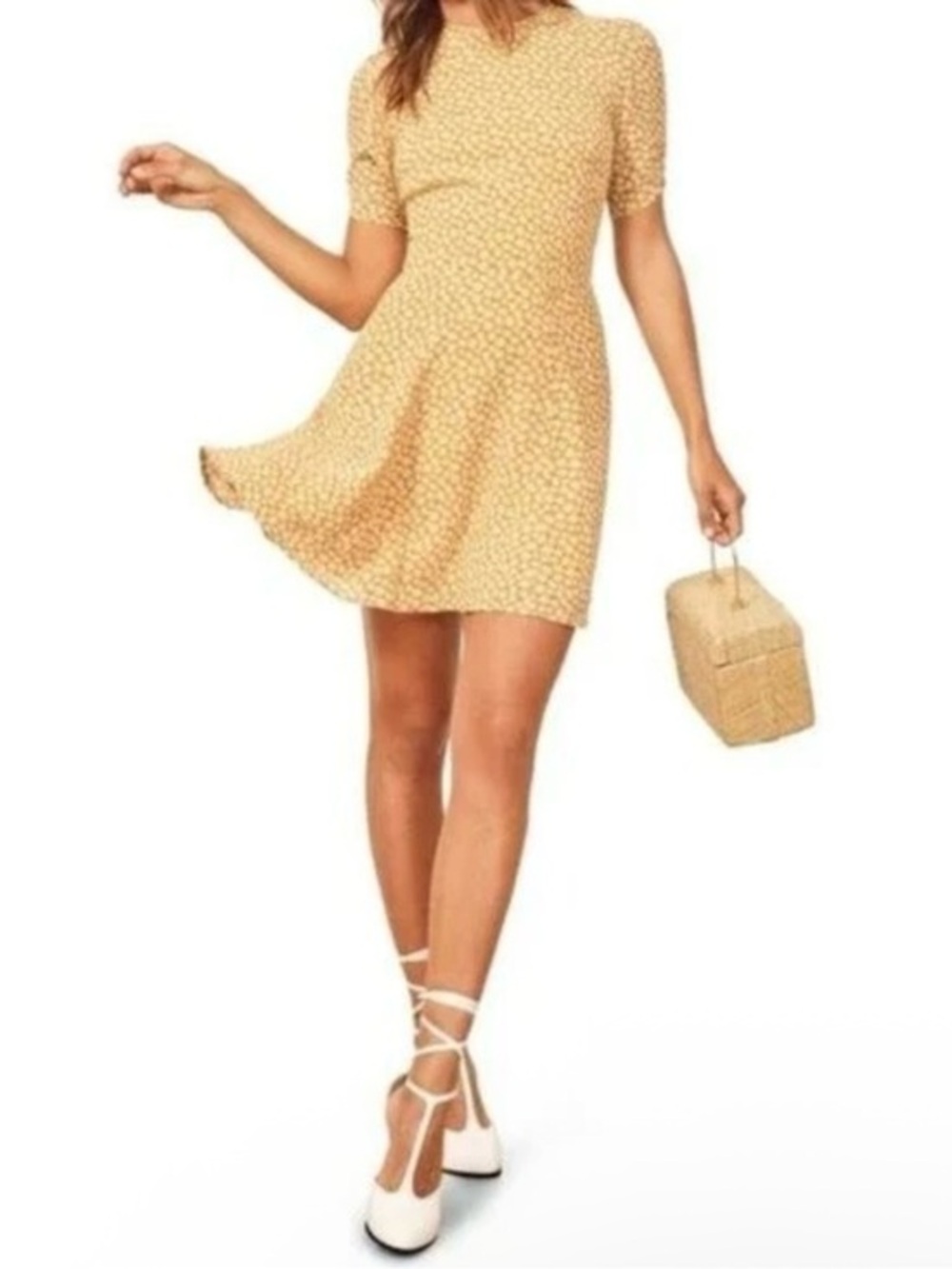 Reformation Gracie Short Sleeve Floral Print Crepe Mini Dress In Peru Yellow 12 - Picture 15 of 15